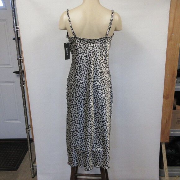 BEBE Satin Bias Cowl Neck Midi Dress Womens M Black White Silver Floral Slip NWT - Picture 9 of 14